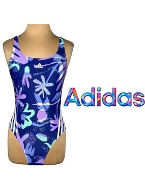 Adidas blue purple Floral sporty retro 90’s 3-Stripes One Piece Swimsuit size 14